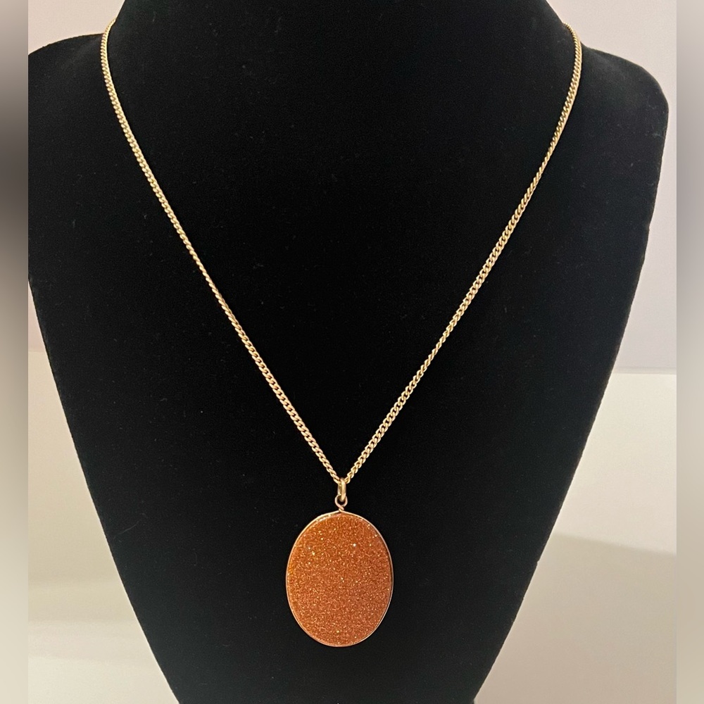 Vintage Large GoldStone Oval Pendant Double Sided, 12k Gold Filled Chain.